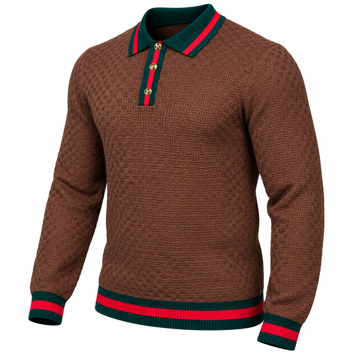 suit-yourself-menswear brown textured knit polo sweater with green and red striped collar, cuffs, and gold buttons.