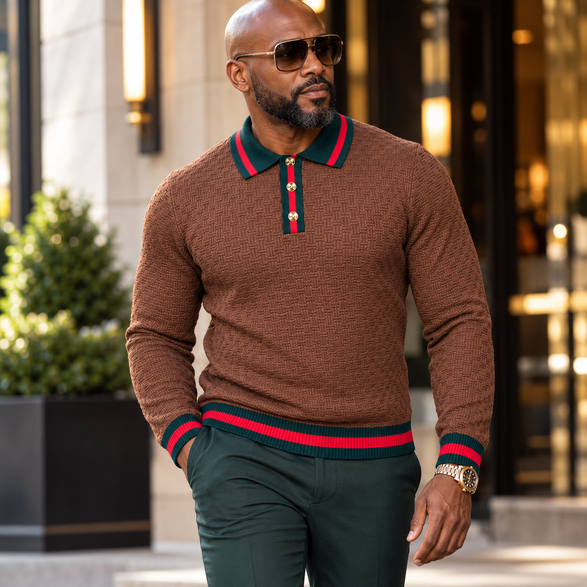 suit-yourself-menswear brown textured knit polo sweater with green and red striped trim and gold buttons on a model