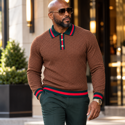 suit-yourself-menswear brown textured knit polo sweater with green and red striped trim and gold buttons on a model