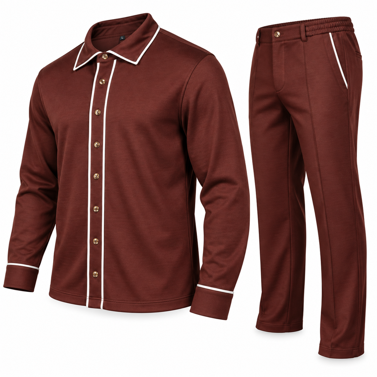 Suit Yourself Menswear brown two-piece casual set featuring a long-sleeve button-up shirt and trousers with white piping