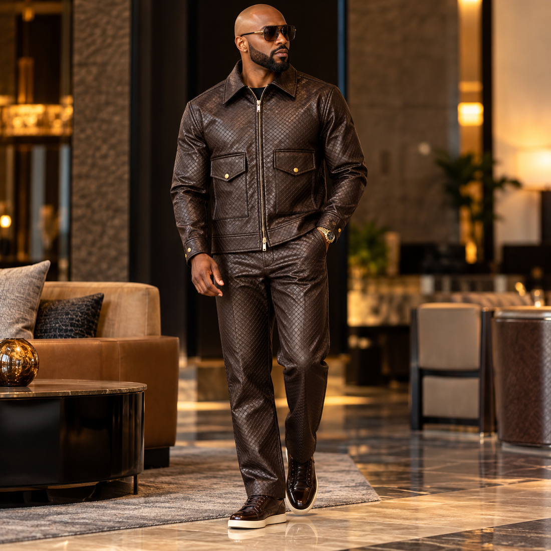 suit-yourself-menswear brown faux leather two-piece set with woven pattern, featuring a zip jacket and matching pants.