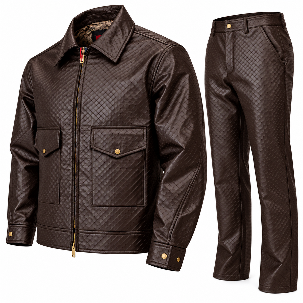suit-yourself-menswear brown faux leather two-piece set with a woven pattern, featuring a zip-front jacket and pants.