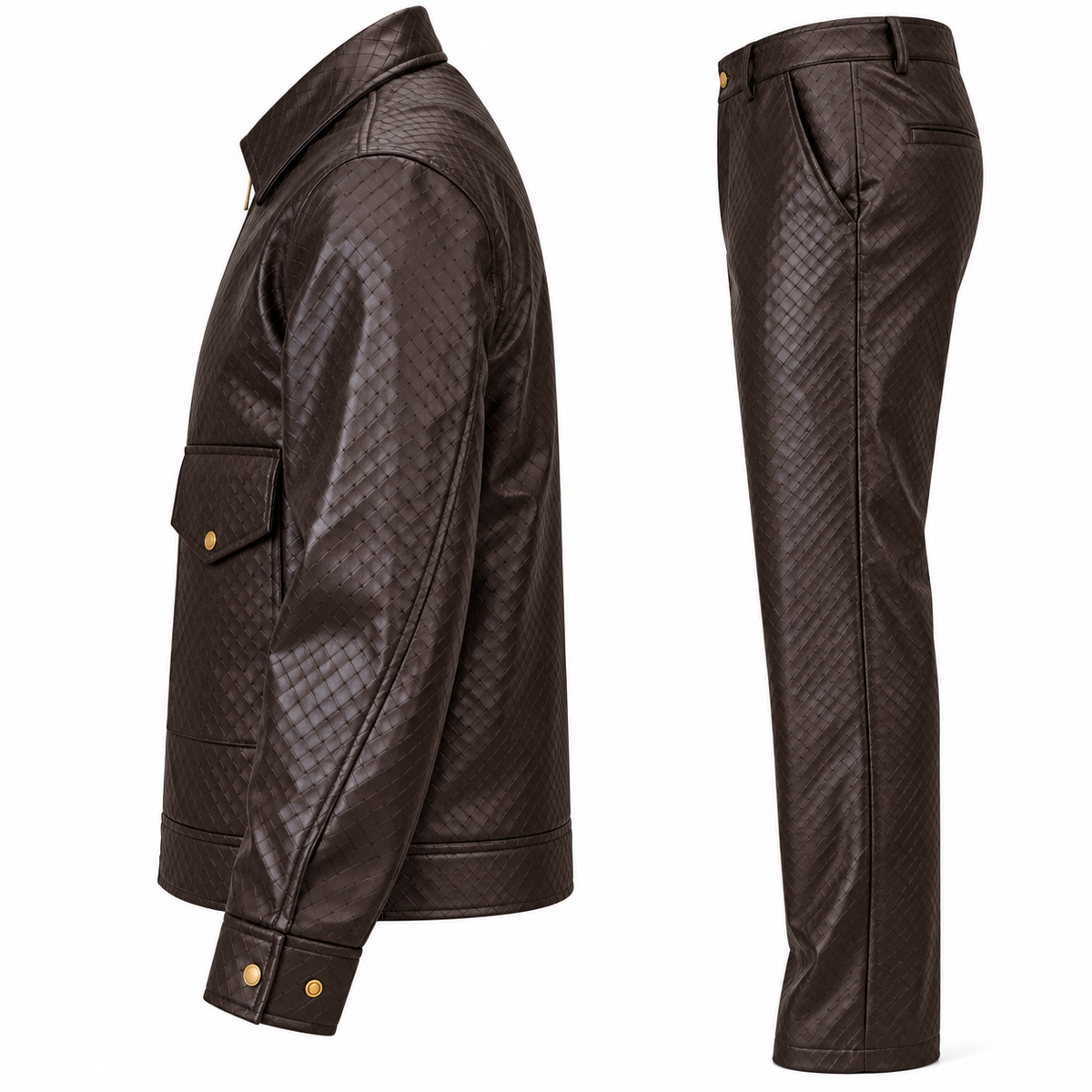suit-yourself-menswear brown faux leather two-piece set with a woven pattern, featuring a jacket and matching pants.