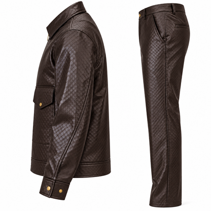 suit-yourself-menswear brown faux leather two-piece set with a woven pattern, featuring a jacket and matching pants.