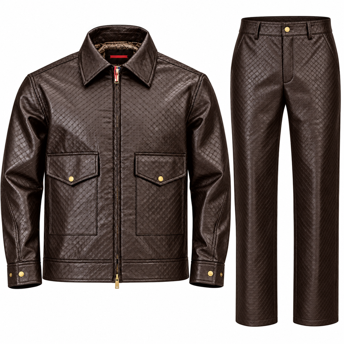 suit-yourself-menswear brown faux leather two-piece set with a woven pattern, featuring a zip-front jacket and pants.