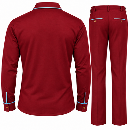 Back view of Suit Yourself Menswear burgundy two-piece casual set featuring light-blue contrast piping on shirt and pants