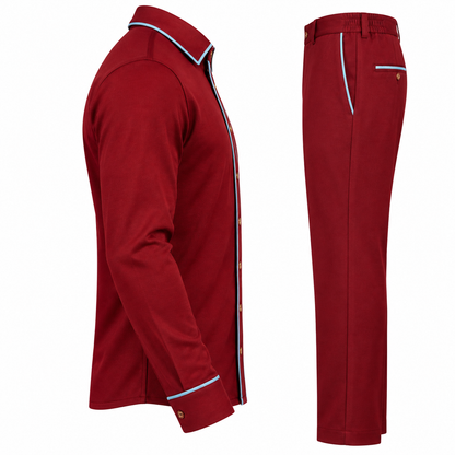 suit-yourself-menswear burgundy two-piece casual set with light-blue contrast piping on shirt and trousers