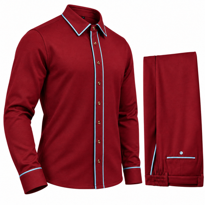 Suit Yourself Menswear burgundy two-piece casual set with light-blue contrast piping on the shirt and trousers.