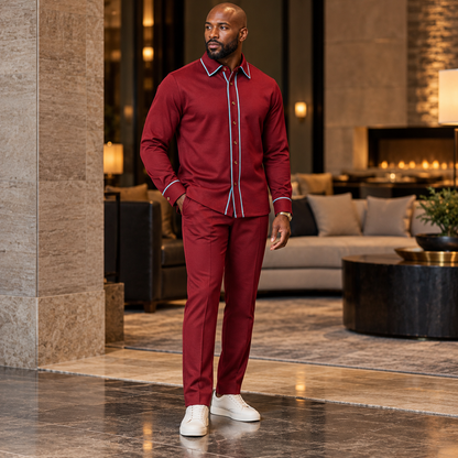 Model wearing a Suit Yourself Menswear burgundy two-piece casual set with light-blue contrast piping and white sneakers.