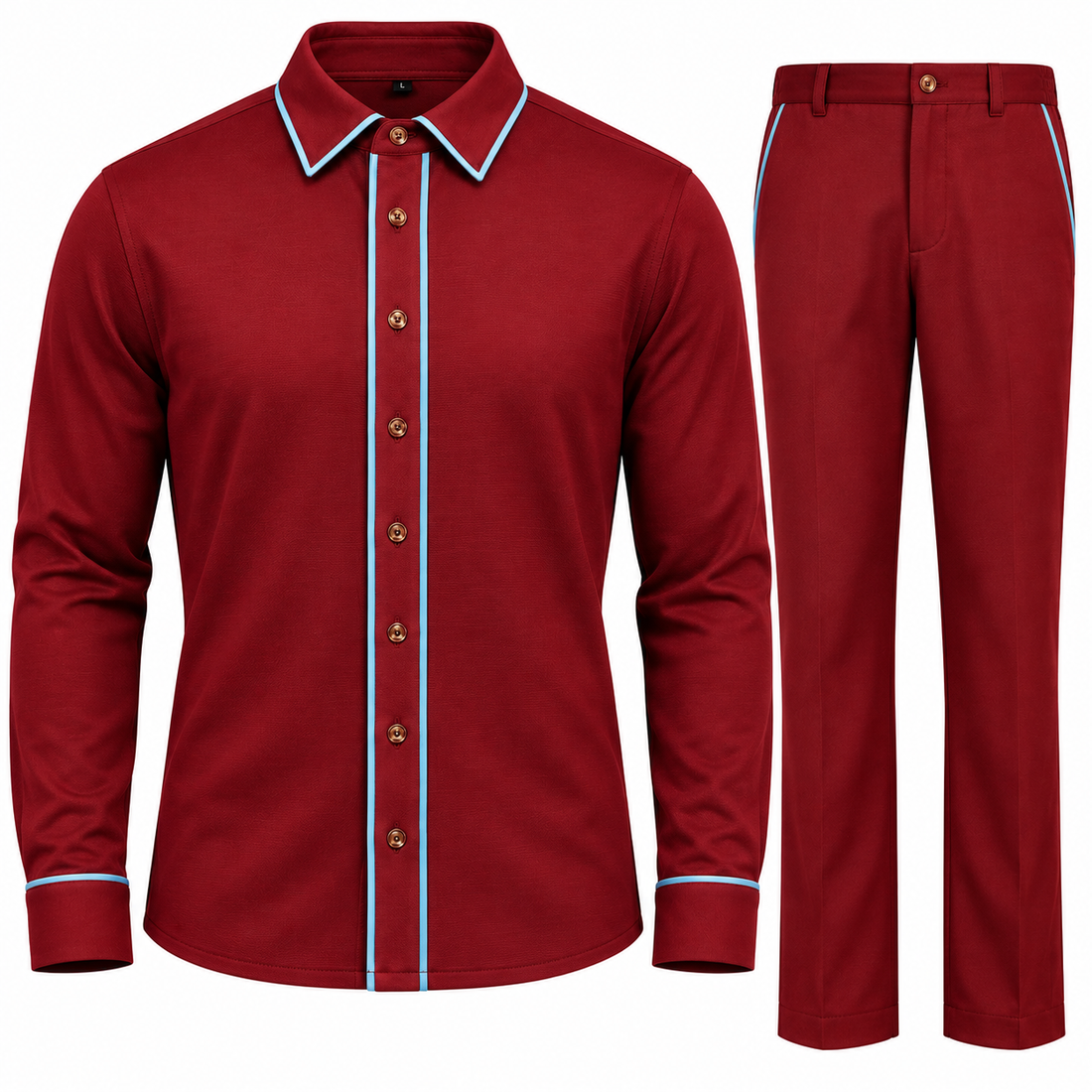 suit-yourself-menswear burgundy two-piece casual set with light-blue contrast piping on shirt and trousers