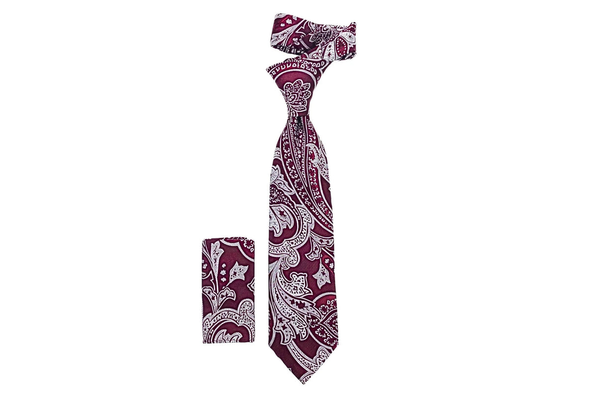 suit-yourself-menswear burgundy and white paisley neck tie with matching pocket square for formal attire