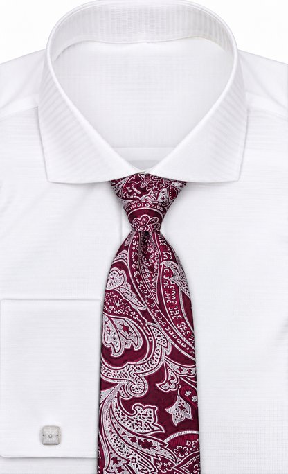suit-yourself-menswear burgundy and white paisley neck tie styled with a crisp white dress shirt and cufflinks