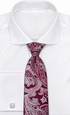 suit-yourself-menswear burgundy and white paisley neck tie styled with a crisp white dress shirt and cufflinks
