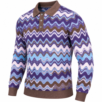 suit-yourself-menswear oatmeal and purple chevron knit polo sweater with a brown collar and button placket