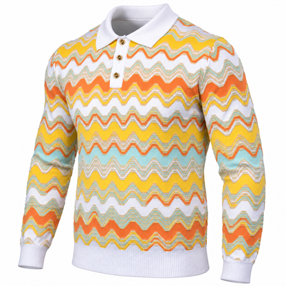 suit-yourself-menswear white and yellow chevron knit polo sweater with long sleeves and a button-up collar