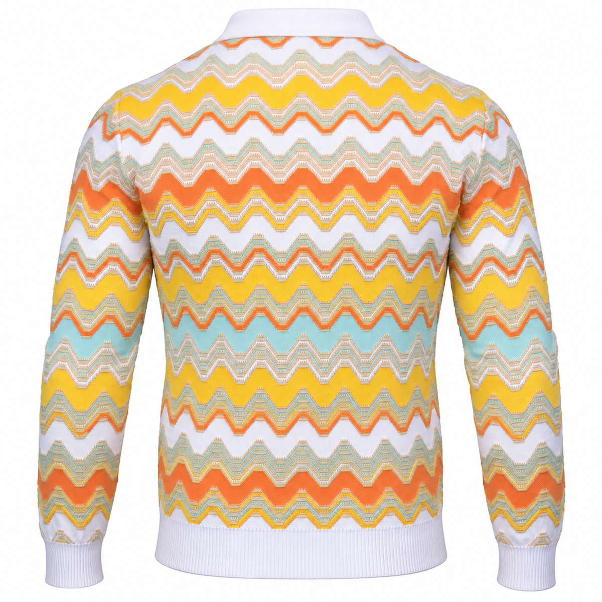 suit-yourself-menswear white and yellow chevron knit sweater with long sleeves and ribbed collar, back view