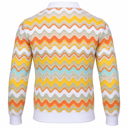 suit-yourself-menswear white and yellow chevron knit sweater with long sleeves and ribbed collar, back view