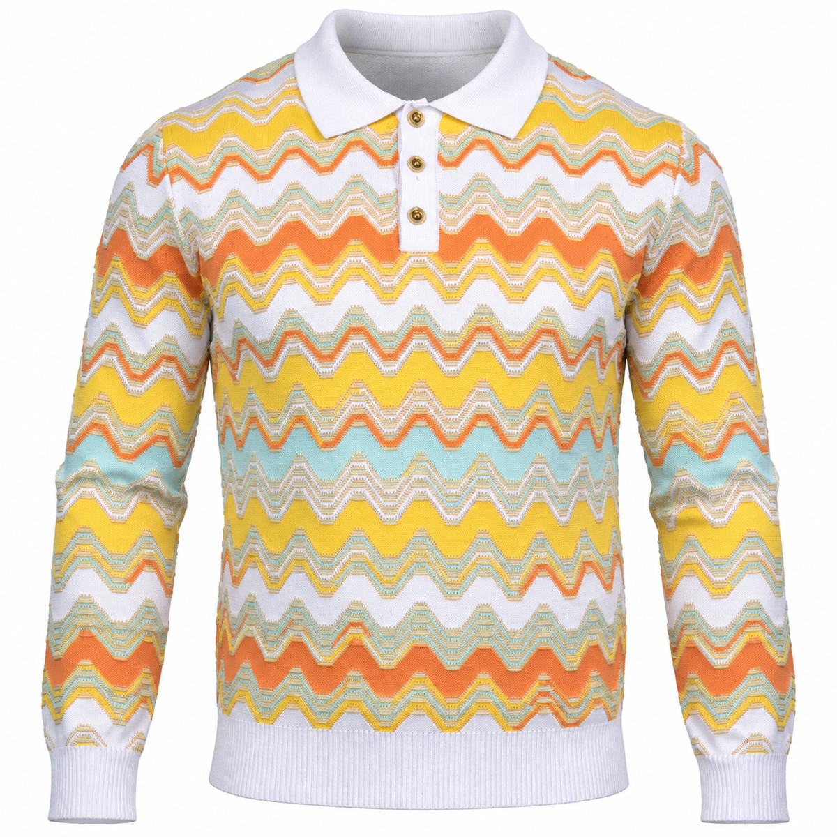 suit-yourself-menswear Prestige Original sweater featuring a white and yellow chevron knit pattern with a polo collar.