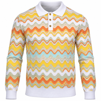 suit-yourself-menswear Prestige Original sweater featuring a white and yellow chevron knit pattern with a polo collar.