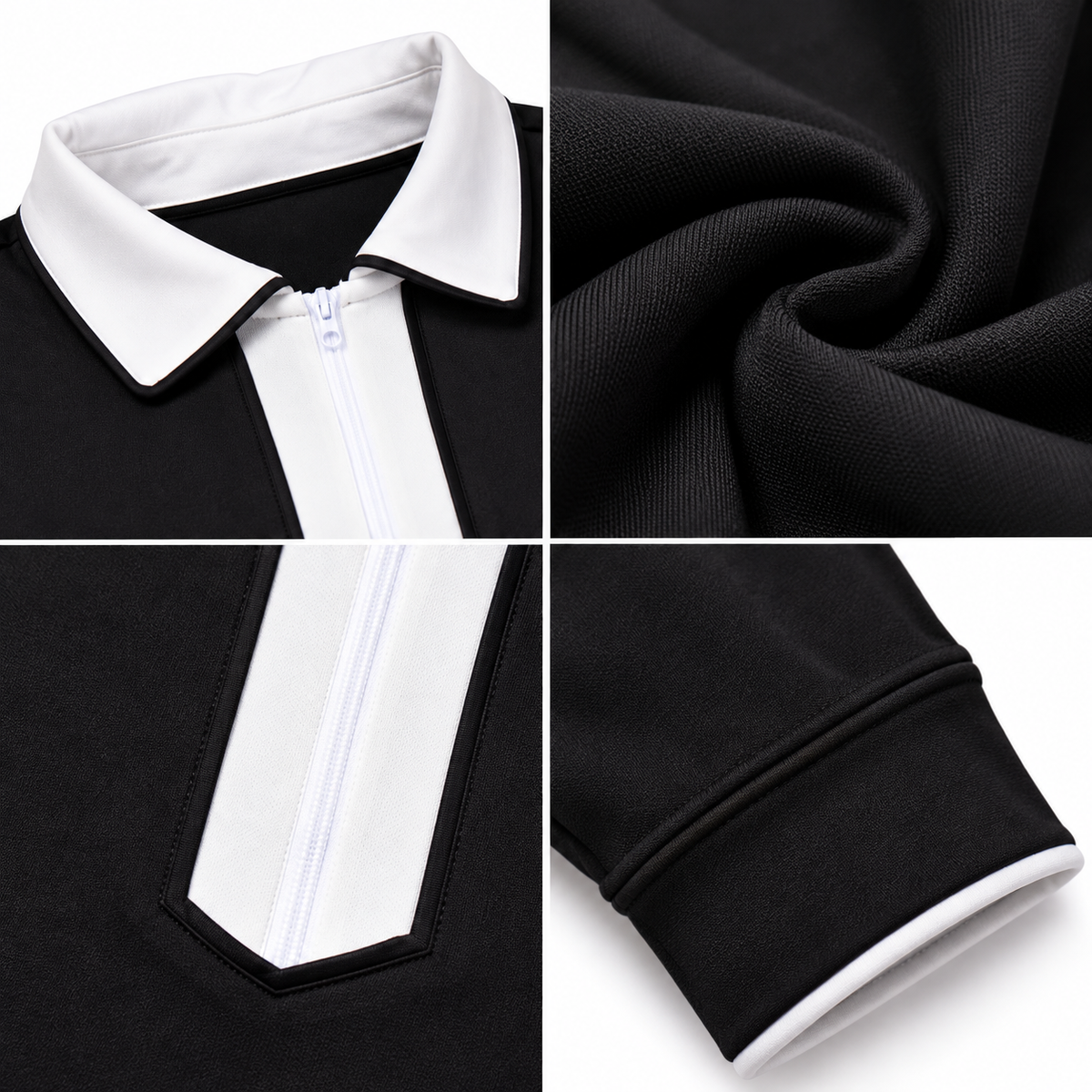 suit-yourself-menswear black two-piece casual set featuring a white contrast quarter zip collar and ribbed cuffs