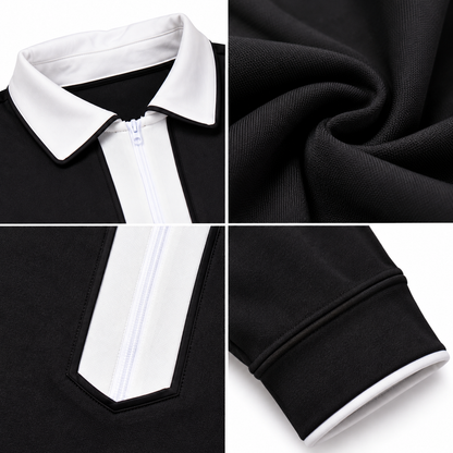 suit-yourself-menswear black two-piece casual set featuring a white contrast quarter zip collar and ribbed cuffs