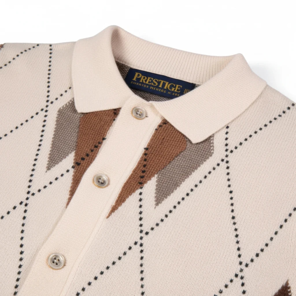 suit-yourself-menswear Prestige Original cream and brown argyle knit polo sweater with a button-up collar