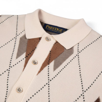 suit-yourself-menswear Prestige Original cream and brown argyle knit polo sweater with a button-up collar