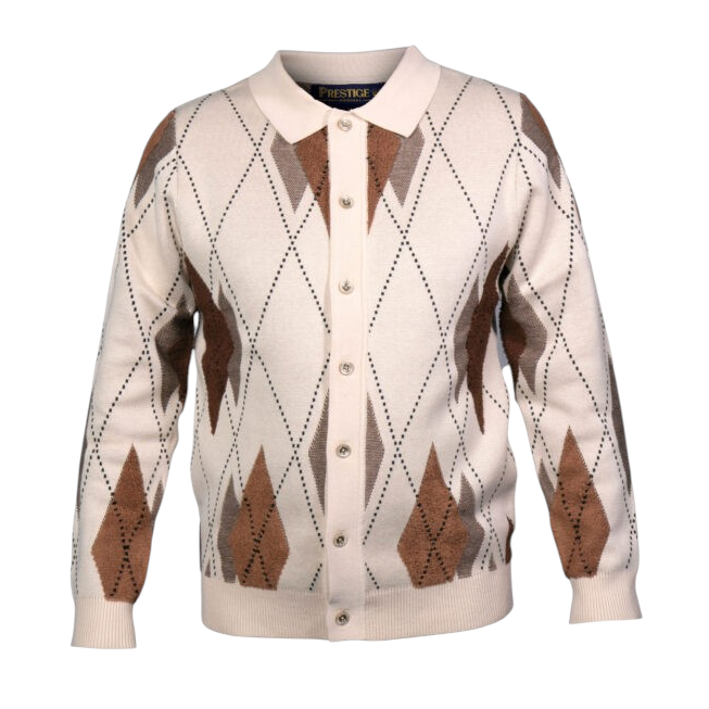 suit-yourself-menswear Prestige Original argyle sweater in cream and brown with a button-down polo collar