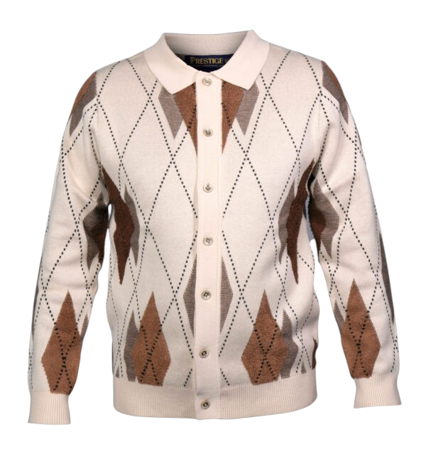 suit-yourself-menswear Prestige Original argyle sweater in cream and brown with a button-down polo collar