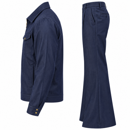 suit-yourself-menswear denim blue two-piece set featuring a casual jacket and flared leg trousers in profile view
