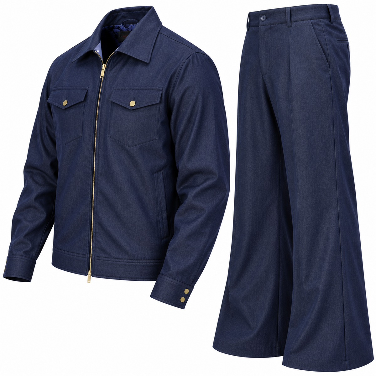suit-yourself-menswear denim blue two-piece set featuring a zip-up jacket and flared leg trousers for men