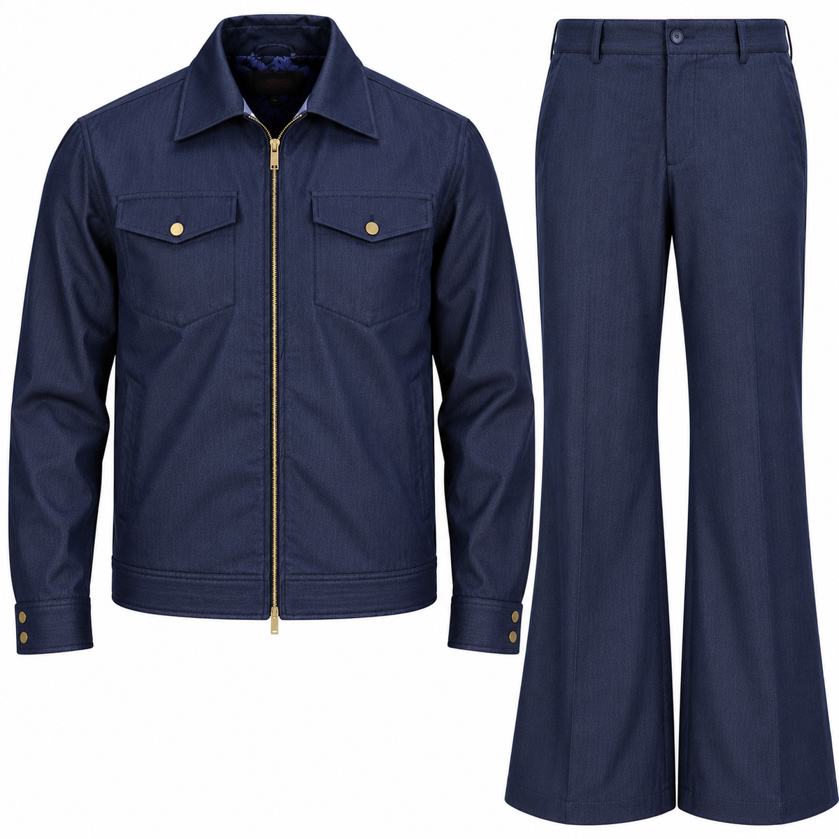 suit-yourself-menswear denim blue two-piece set with a zip-up jacket and flared leg trousers for casual wear