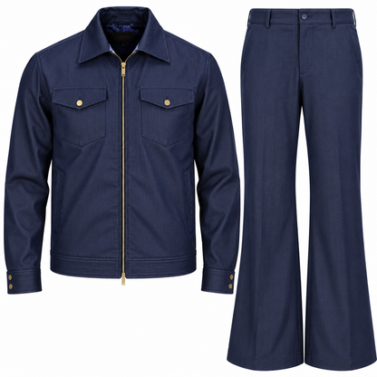 suit-yourself-menswear denim blue two-piece set with a zip-up jacket and flared leg trousers for casual wear