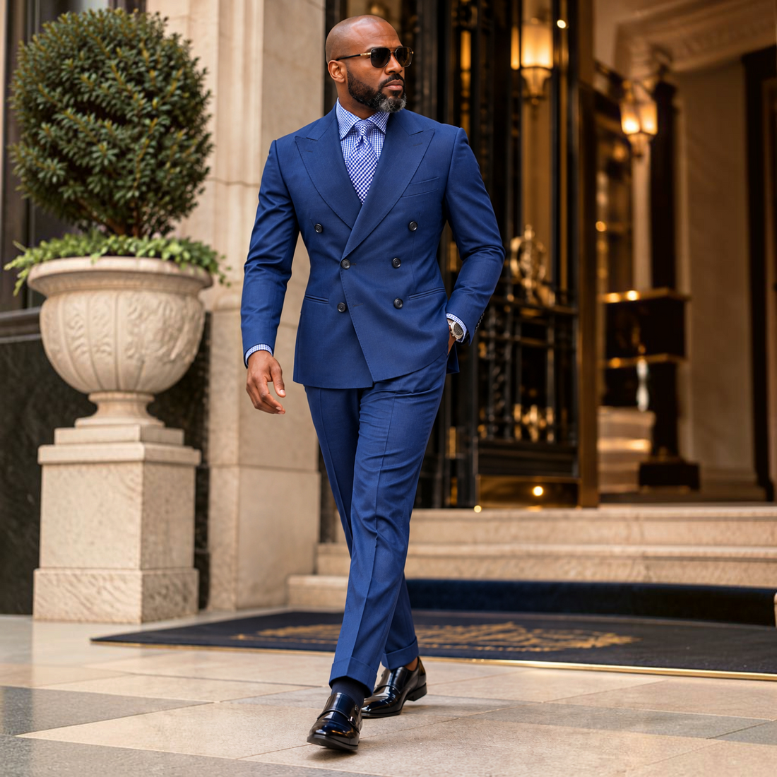 suit-yourself-menswear Canuti denim blue double-breasted suit worn by a man with sunglasses outside a building