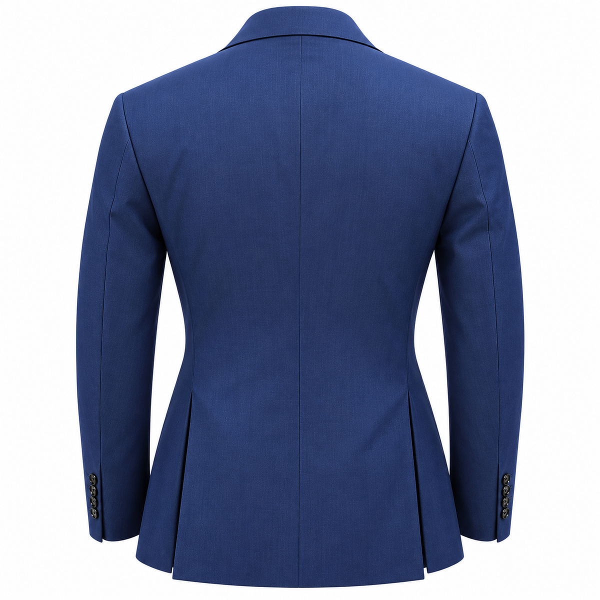Back view of a suit-yourself-menswear Canuti denim double-breasted suit jacket in blue with side vents.