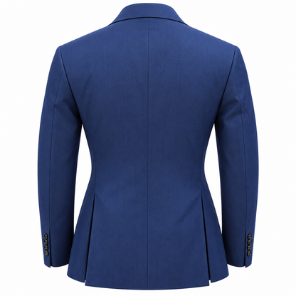 Back view of a suit-yourself-menswear Canuti denim double-breasted suit jacket in blue with side vents.