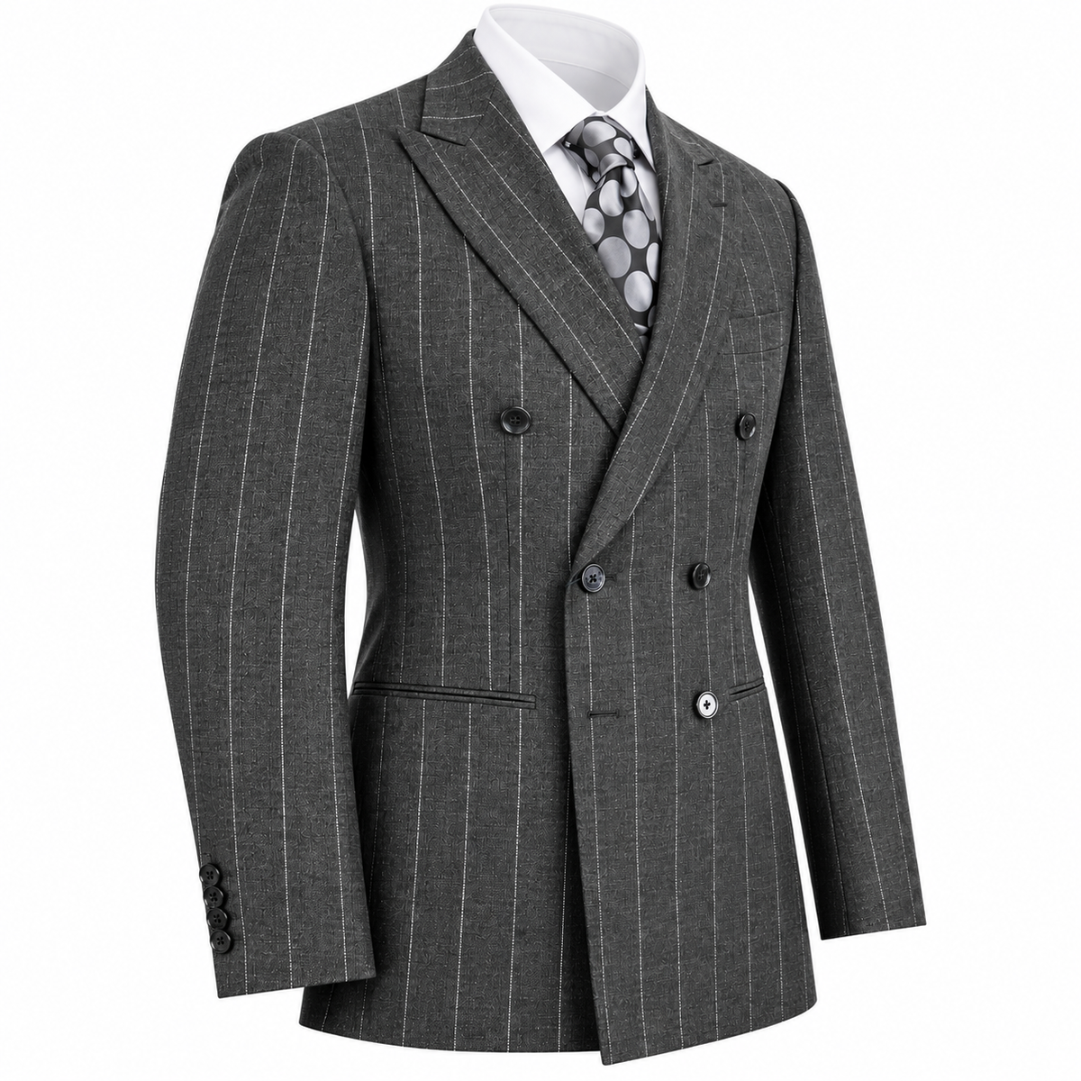 suit-yourself-menswear Canuti gray pinstripe double-breasted suit jacket with white shirt and polka dot tie