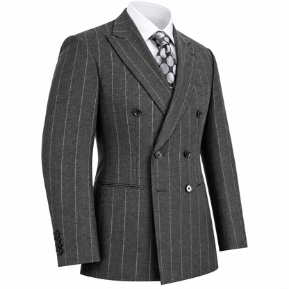 suit-yourself-menswear Canuti gray pinstripe double-breasted suit jacket with white shirt and polka dot tie