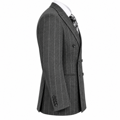 suit-yourself-menswear Canuti gray pinstripe double-breasted suit jacket with a white shirt and patterned tie
