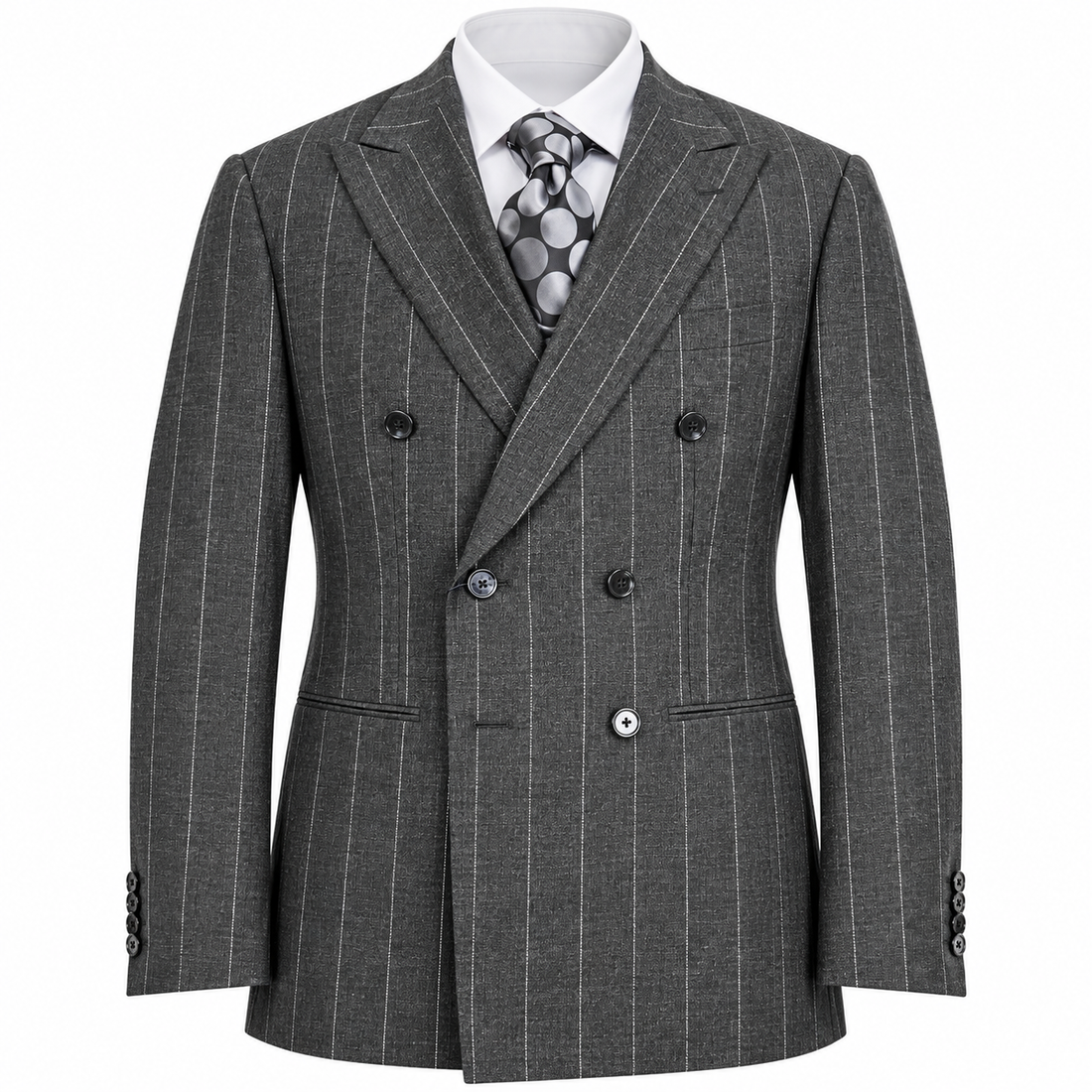 suit-yourself-menswear Canuti gray pinstripe double-breasted suit with a white shirt and polka dot tie