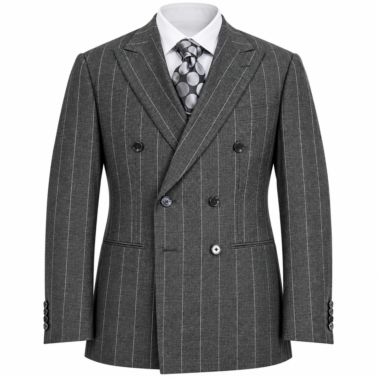 suit-yourself-menswear Canuti gray pinstripe double-breasted suit with a white shirt and polka dot tie
