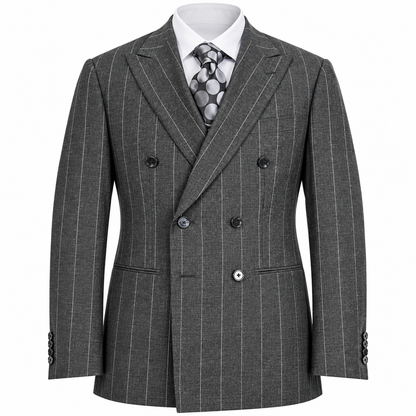 suit-yourself-menswear Canuti gray pinstripe double-breasted suit with a white shirt and polka dot tie
