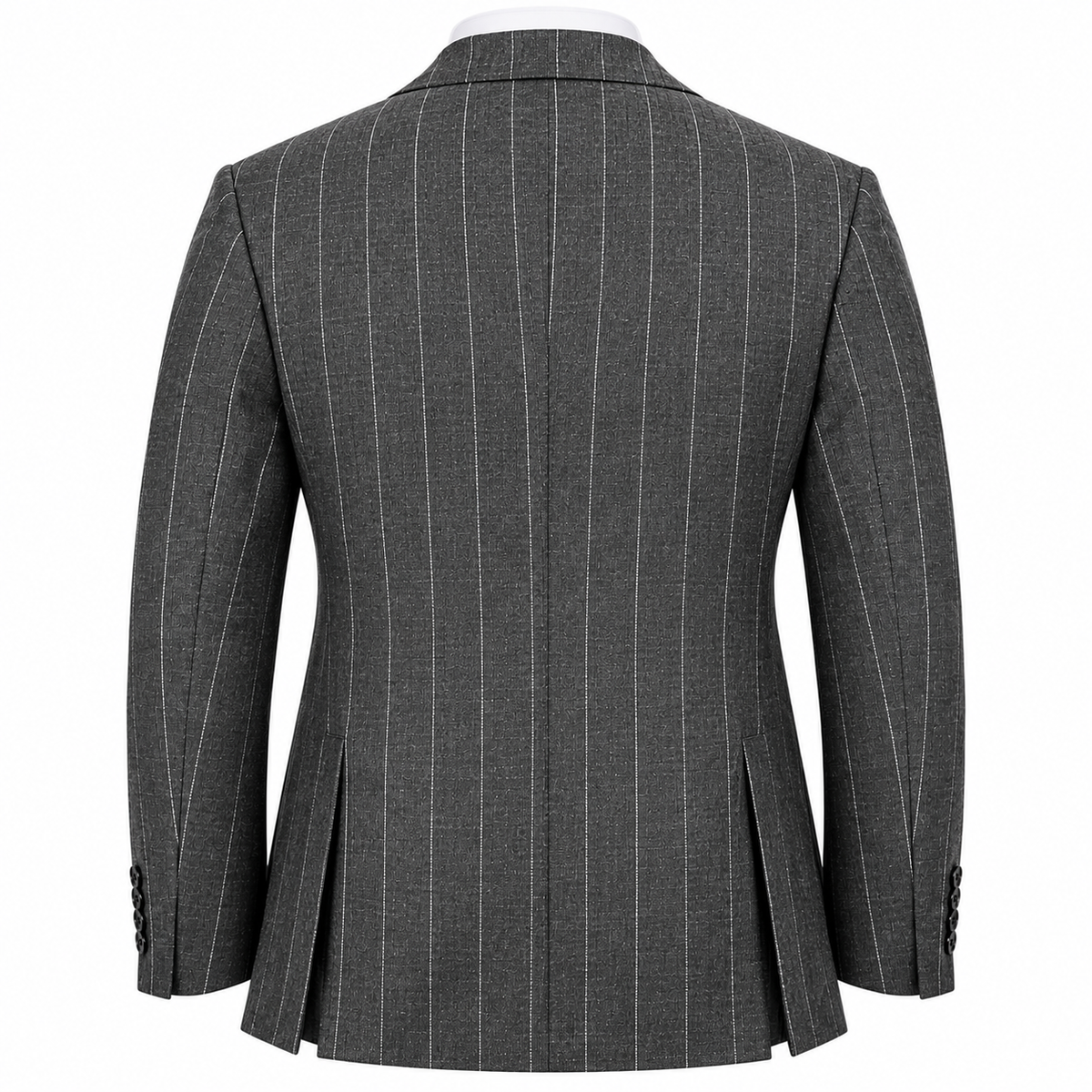 suit-yourself-menswear Canuti gray pinstripe double breasted suit jacket, back view showing tailored fit and vents