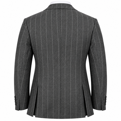 suit-yourself-menswear Canuti gray pinstripe double breasted suit jacket, back view showing tailored fit and vents