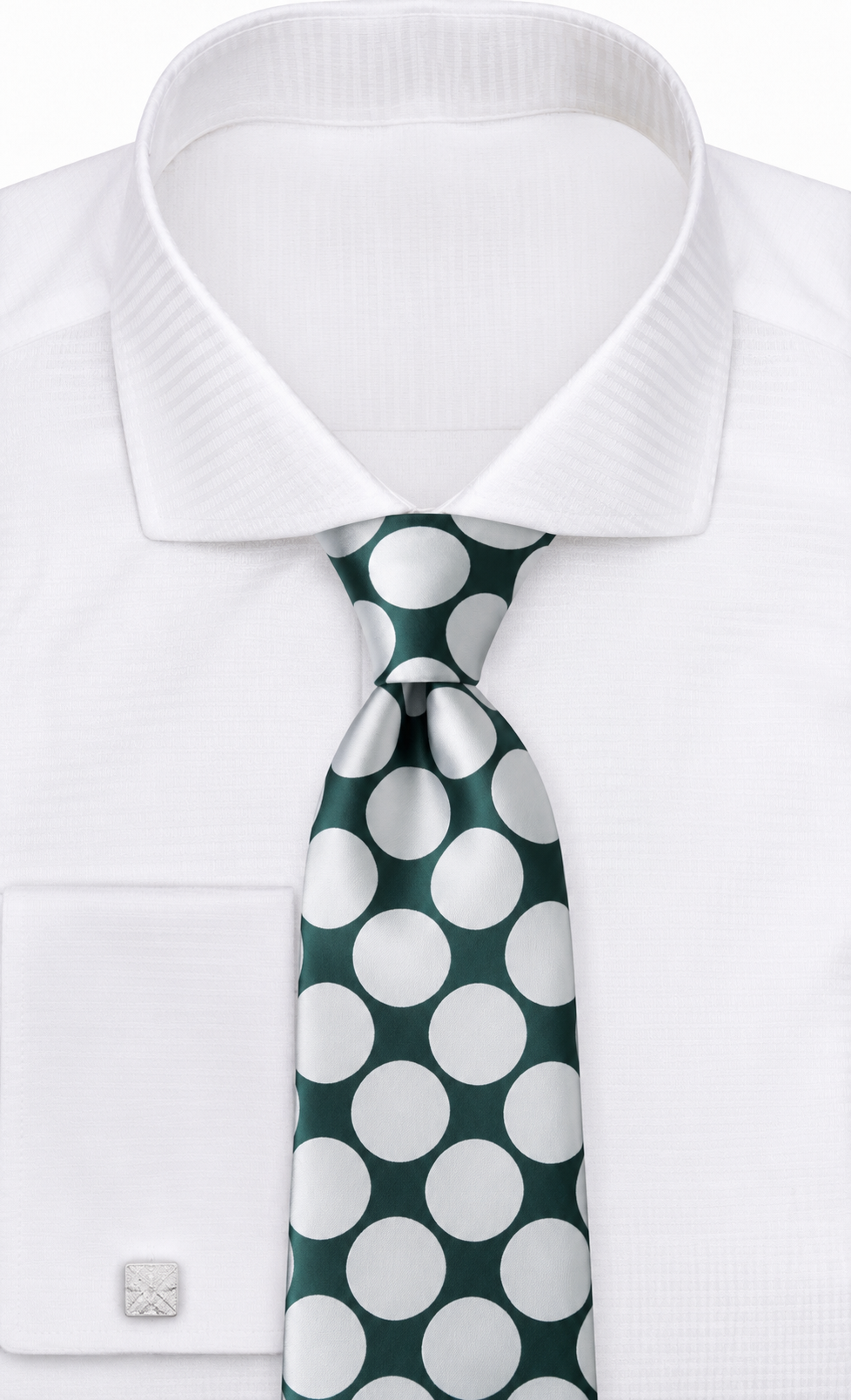suit-yourself-menswear forest green necktie with large silver polka dots worn with a crisp white dress shirt