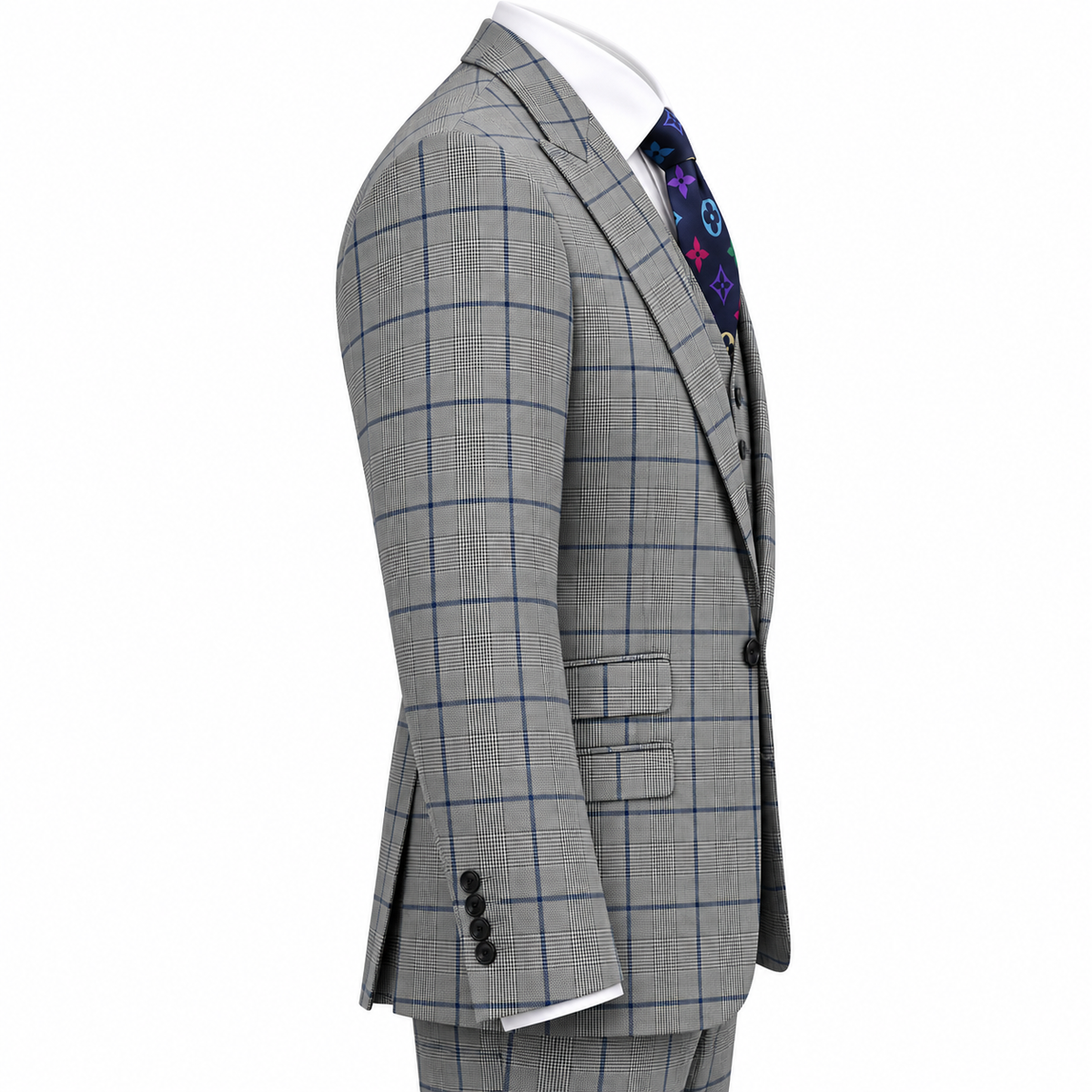 suit-yourself-menswear Tiglio Portofino 3-piece suit in grey with blue windowpane check and wide peak lapels