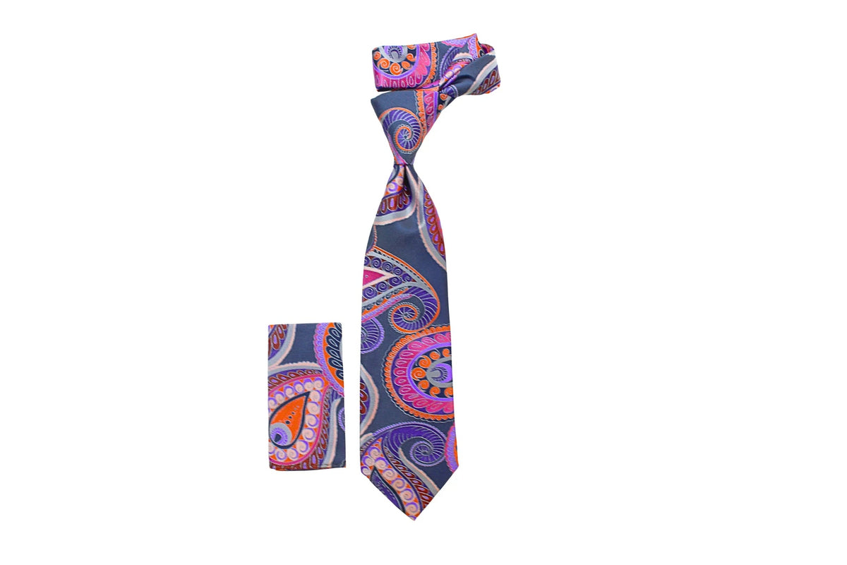 suit-yourself-menswear BRUNO B6 dark grey and pink paisley necktie with matching pocket square
