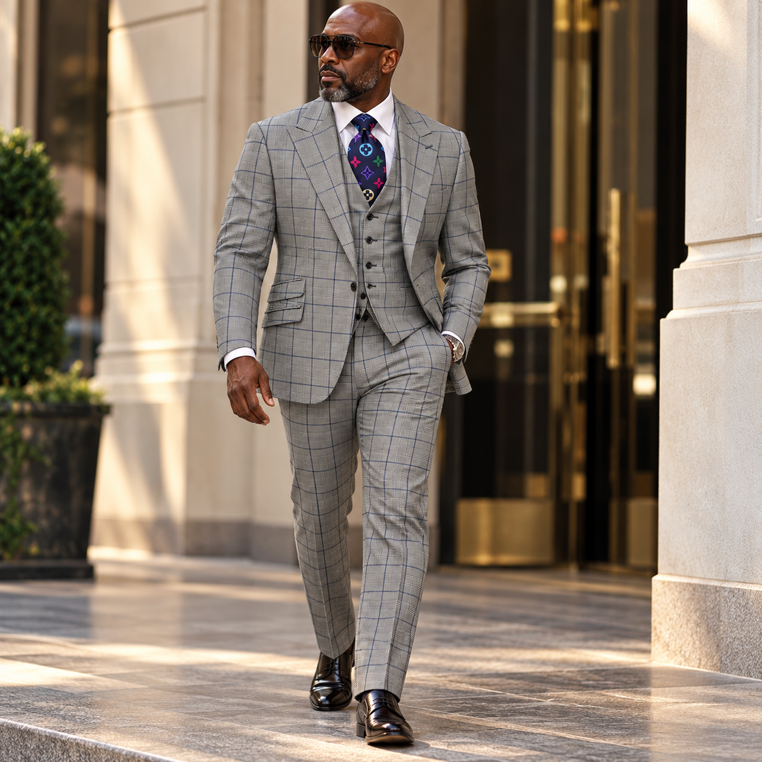 suit-yourself-menswear Tiglio Portofino 3-piece wool suit in grey plaid with wide peak lapels and a patterned tie
