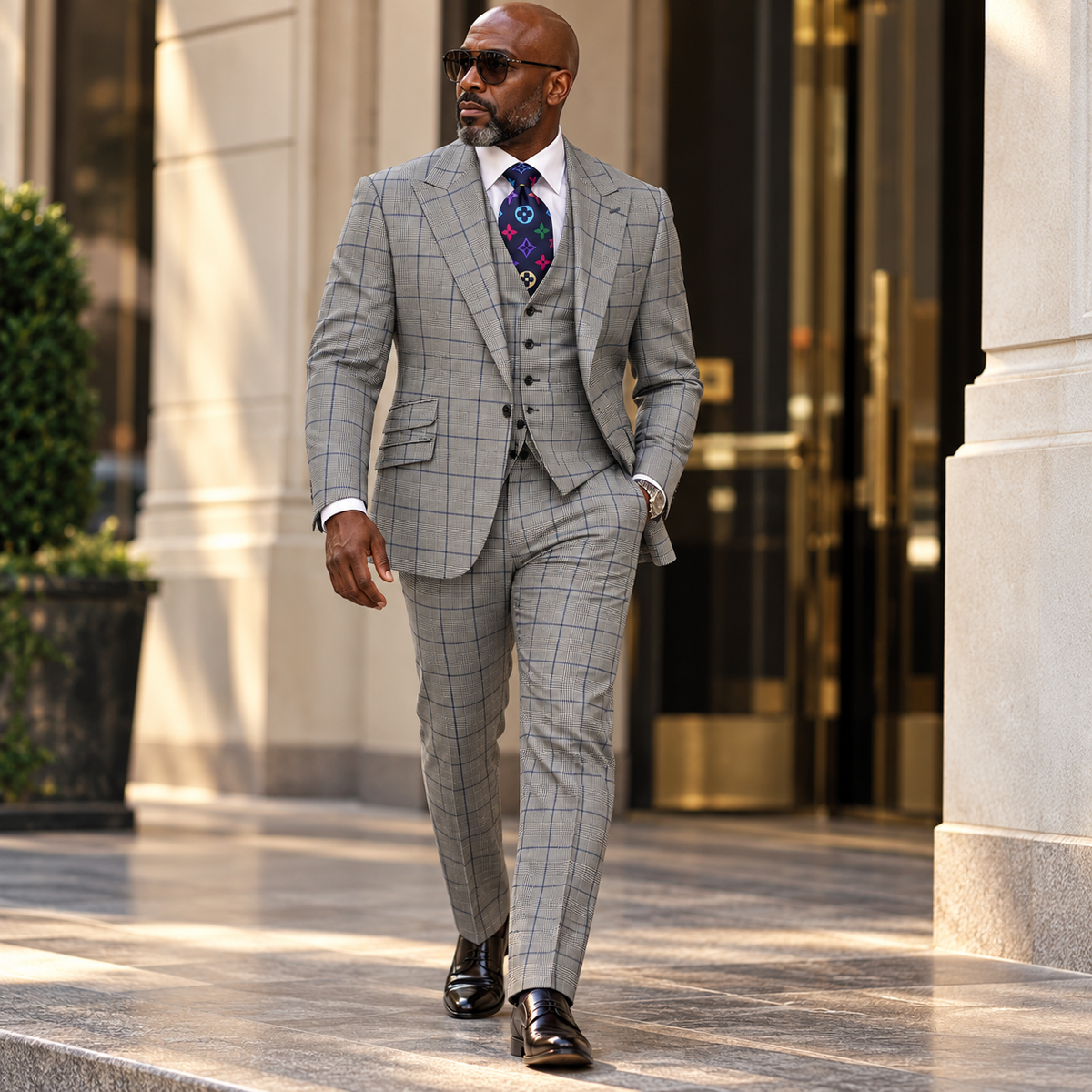 suit-yourself-menswear Tiglio Portofino 3-piece wool suit in grey plaid with wide peak lapels and a patterned tie