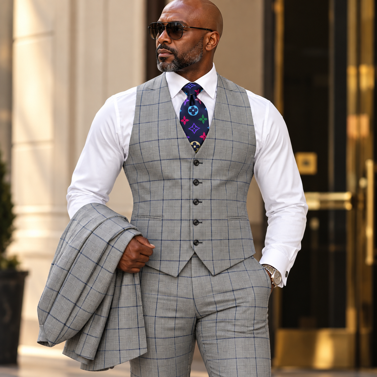 suit-yourself-menswear Tiglio Portofino grey plaid three-piece wool suit with vest and patterned tie on a man